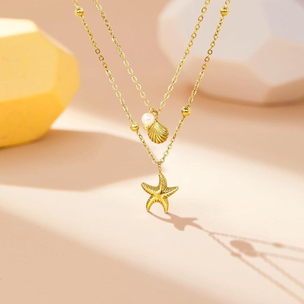 Shell Necklace for Women,14k Gold Plated Layered Starfish Conch SeaShell Pearl P - Picture 3 of 6